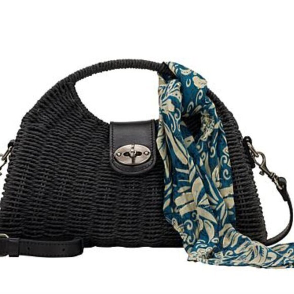 Patricia Nash SARAKINO Straw Convertible Handbag with Scarf BLACK nwt